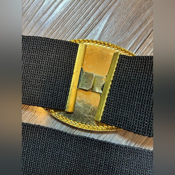 Vintage 80s 90s Elastic Belt Felted Metal Leopard Black - Picture 3 of 3